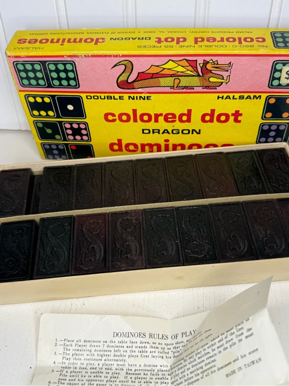 Vintage Dragon Dominoes with colored dots by Halsam Set Box GUC 920-C 55 Pieces